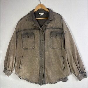 Dress Up Shacket Women Medium Brown Acid Wash Relaxed Fit Raw Hem Pocketed Soft